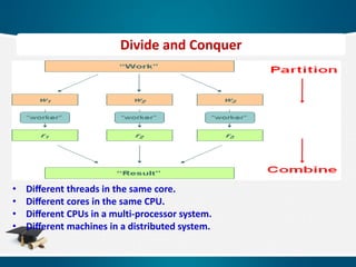 • Diﬀerent threads in the same core.
• Diﬀerent cores in the same CPU.
• Diﬀerent CPUs in a multi-processor system.
• Diﬀerent machines in a distributed system.
Divide and Conquer
 