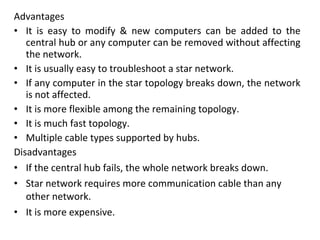 Advantages
• It is easy to modify & new computers can be added to the
central hub or any computer can be removed without affecting
the network.
• It is usually easy to troubleshoot a star network.
• If any computer in the star topology breaks down, the network
is not affected.
• It is more flexible among the remaining topology.
• It is much fast topology.
• Multiple cable types supported by hubs.
Disadvantages
• If the central hub fails, the whole network breaks down.
• Star network requires more communication cable than any
other network.
• It is more expensive.
 