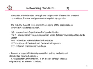 36
Networking Standards (3)
Standards are developed through the cooperation of standards creation
committees, forums, and government regulatory agencies.
The ISO, ITU-T, ANSI, IEEE, and IETF are some of the organizations
involved in standards creation.
ISO - International Organization for Standardization
ITU-T - International Telecommunication Union-Telecommunication Standards
Sector
ANSI - American National Standards Institute
IEEE - Institute of Electrical and Electronics Engineers
IETF - Internet Engineering Task Force
- Forums are special-interest groups that quickly evaluate and
standardize new technologies.
- A Request for Comment (RFC) is an idea or concept that is a
originator to an Internet standard.
 