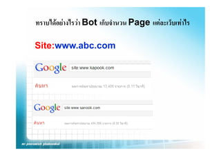 ทราบไดอยางไรวา
ทราบไดอยางไรวา Bot เก็บจํานวน Page แตละเว็บเทาไร
                      เกบจานวน        แตละเวบเทาไร

Site:www.abc.com
Sit       b
 