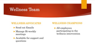 Wellness Team
WELLNESS ADVOCATES
 Send out Emails
 Manage Bi-weekly
meetings
 Available for support and
questions
WELLNESS CHAMPIONS
 All employees
participating in the
wellness intervention
 