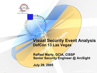 Visual Security Event Analysis
DefCon 13 Las Vegas

Raffael Marty, GCIA, CISSP
Senior Security Engineer @ ArcSight

July 29, 2005

         *
 