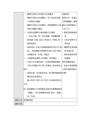 一、職場生涯的小社會與大社會概念
　－職場生涯的小社會概念：與工作崗位周邊
人事相容之體認
　－職場生涯的大社會概念：與整個職業/行業
的相互關聯之體認
二、社會化意識與自我成就能力之激發
　－「活在自我」與「活在群體」的價 判斷值
　－如何讓「自我」成為工作崗位上「群我」的一
個重要部分
　－如何改善「自我」以成就整個單位或公司「群
我」／如何讓配合整個單位或公司的「群我」
以帶動本身「自我」的進步
三、自我績效意識與工作效能／效率概念
　－自我工作目標的設定：必須與整體相融和
　－「把工作做對」與「把工作做好」基本理念之
建立
　－面對社會「可以被看得見」的具體外顯指標
觀念及其必要作法
　－讓工作的「功勞」與「苦勞」可以被看得見之
方法
四、如何讓個人自我的績效表現成為群體績效的
「驕傲」，而不是群體所亟欲「排斥」「抵制」
的「芥蒂」
活動設計
實例分享：本課目
之實例備擬，應兼
顧以下類型屬性之
工作人力：
－製造業與服務產
業
－大型企業與中小
型企業
－國際性企業與純
粹本地企業
－營利事業與非營
利組織
實作演練和發表
－依本計畫規劃建
立實作流程與執行
步驟：
講師人員 詹翔霖教授
講師介紹
 
