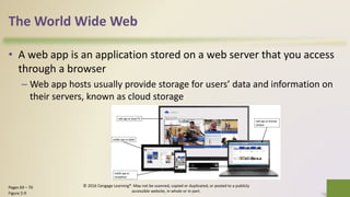 The World Wide Web
• A web app is an application stored on a web server that you access
through a browser
– Web app hosts usually provide storage for users’ data and information on
their servers, known as cloud storage
19Pages 69 – 70
Figure 2-9
© 2016 Cengage Learning®. May not be scanned, copied or duplicated, or posted to a publicly
accessible website, in whole or in part.
 
