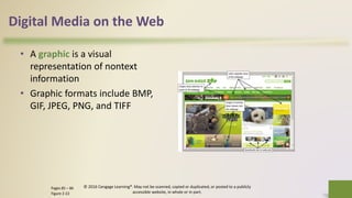 Digital Media on the Web
• A graphic is a visual
representation of nontext
information
• Graphic formats include BMP,
GIF, JPEG, PNG, and TIFF
© 2016 Cengage Learning®. May not be scanned, copied or duplicated, or posted to a publicly
accessible website, in whole or in part.
28Pages 85 – 86
Figure 2-22
 