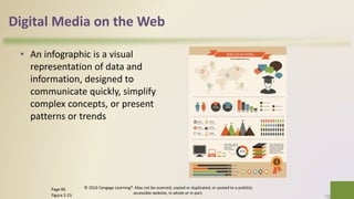 Digital Media on the Web
• An infographic is a visual
representation of data and
information, designed to
communicate quickly, simplify
complex concepts, or present
patterns or trends
© 2016 Cengage Learning®. May not be scanned, copied or duplicated, or posted to a publicly
accessible website, in whole or in part.
29Page 86
Figure 2-23
 