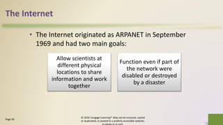 The Internet
• The Internet originated as ARPANET in September
1969 and had two main goals:
© 2016 Cengage Learning®. May not be scanned, copied
or duplicated, or posted to a publicly accessible website,
5Page 56
Allow scientists at
different physical
locations to share
information and work
together
Function even if part of
the network were
disabled or destroyed
by a disaster
 