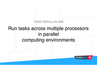 Run tasks across multiple processors
in parallel
computing environments
TASK PARALLELISM
 