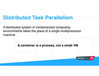 Distributed Task Parallelism
A distributed system of containerized computing
environments takes the place of a single multiprocessor
machine
A container is a process, not a small VM
 