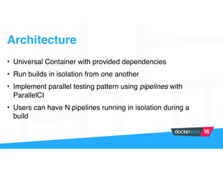 Architecture
• Universal Container with provided dependencies
• Run builds in isolation from one another
• Implement parallel testing pattern using pipelines with
ParallelCI
• Users can have N pipelines running in isolation during a
build
 