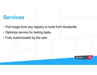 Services
• Pull image from any registry or build from Dockerfile
• Optimize service for testing tasks
• Fully customizable by the user
 