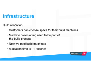 Infrastructure
Build allocation
• Customers can choose specs for their build machines
• Machine provisioning used to be part of
the build process
• Now we pool build machines
• Allocation time is ~1 second!
 