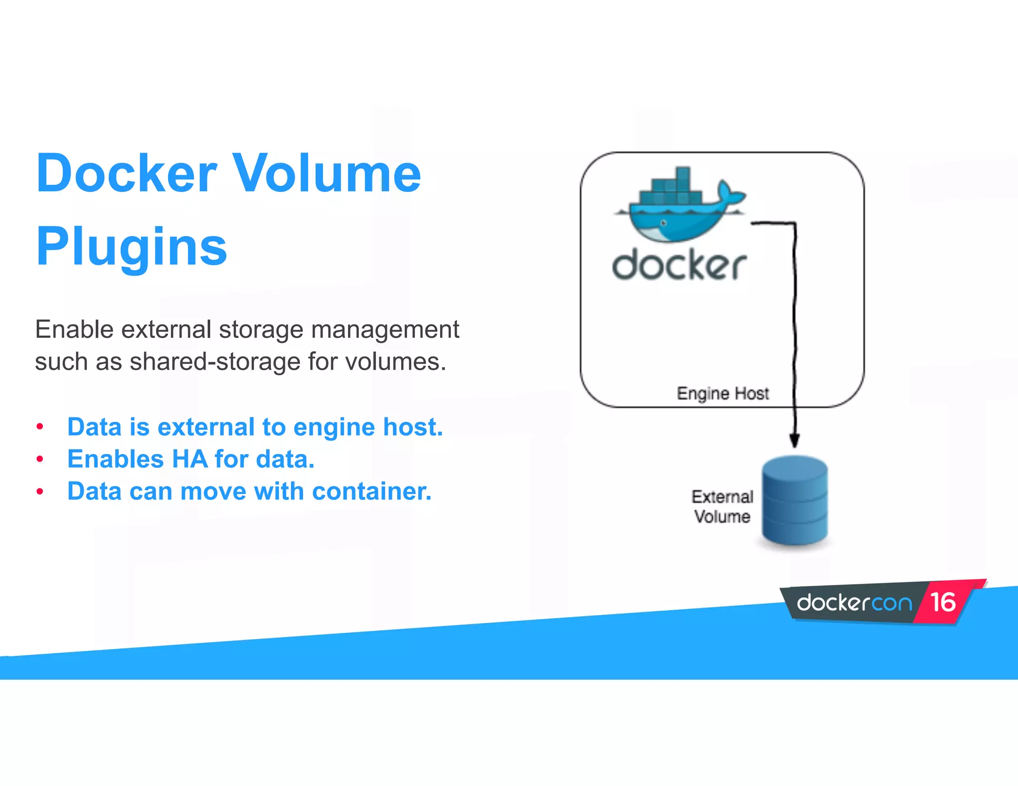 Enable external storage management
such as shared-storage for volumes.
• Data is external to engine host.
• Enables HA for data.
• Data can move with container.
Docker Volume
Plugins