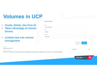Volumes in UCP
• Create, Delete, Use from UI
• Takes advantage of volume
drivers.
• Limited view into volume
management
 