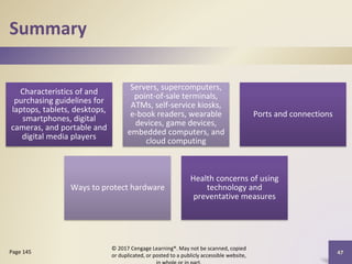 Summary
Characteristics of and
purchasing guidelines for
laptops, tablets, desktops,
smartphones, digital
cameras, and portable and
digital media players
Servers, supercomputers,
point-of-sale terminals,
ATMs, self-service kiosks,
e-book readers, wearable
devices, game devices,
embedded computers, and
cloud computing
Ports and connections
Ways to protect hardware
Health concerns of using
technology and
preventative measures
© 2017 Cengage Learning®. May not be scanned, copied
or duplicated, or posted to a publicly accessible website,
47
Page 145
 