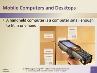 Mobile Computers and Desktops
• A handheld computer is a computer small enough
to fit in one hand
9
Page 112
Figure 3-6
© 2017 Cengage Learning®. May not be scanned, copied or duplicated,
or posted to a publicly accessible website, in whole or in part.
 