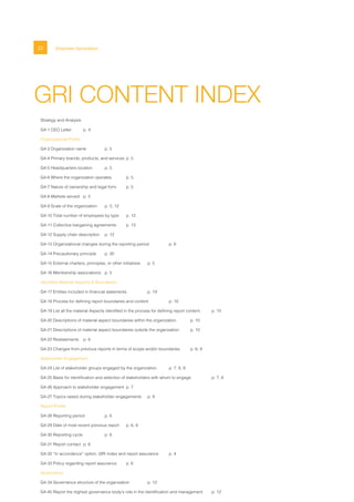 GRI CONTENT INDEX
22 Empower Generation
Winners were grinners at EmpowerBall 2013 in New York City
Strategy and Analysis
G4-1 CEO Letter	 p. 4	
Organizational Profile
G4-3 Organization name	 p. 5	
G4-4 Primary brands, products, and services	p. 5
G4-5 Headquarters location	 p. 5
G4-6 Where the organization operates	 p. 5
G4-7 Nature of ownership and legal form	 p. 5
G4-8 Markets served 	 p. 5
G4-9 Scale of the organization 	 p. 5, 12
G4-10 Total number of employees by type	 p. 12
G4-11 Collective bargaining agreements	 p. 13
G4-12 Supply chain description	 p. 12
G4-13 Organizational changes during the reporting period	 p. 6
G4-14 Precautionary principle	 p. 20
G4-15 External charters, principles, or other initiatives	 p. 5
G4-16 Membership associations	 p. 5
Identified Material Aspects & Boundaries
G4-17 Entities included in financial statements	 p. 19
G4-18 Process for defining report boundaries and content	 p. 10
G4-19 List all the material Aspects identified in the process for defining report content.	 p. 10
G4-20 Descriptions of material aspect boundaries within the organization	 p. 10
G4-21 Descriptions of material aspect boundaries outside the organization	 p. 10
G4-22 Restatements	 p. 6
G4-23 Changes from previous reports in terms of scope and/or boundaries	 p. 6, 9
Stakeholder Engagement
G4-24 List of stakeholder groups engaged by the organization.	 p. 7, 8, 9
G4-25 Basis for identification and selection of stakeholders with whom to engage. 	 p. 7, 8
G4-26 Approach to stakeholder engagement	 p. 7
G4-27 Topics raised during stakeholder engagements	 p. 9
Report Profile
G4-28 Reporting period 	 p. 6
G4-29 Date of most recent previous report 	 p. 6, 9
G4-30 Reporting cycle 	 p. 6
G4-31 Report contact	 p. 6
G4-32 “In accordance” option, GRI Index and report assurance	 p. 4
G4-33 Policy regarding report assurance	 p. 6
Governance
G4-34 Governance structure of the organization 	 p. 12
G4-45 Report the highest governance body’s role in the identification and management 	 p. 12
 