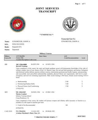 Page of1
05/07/2015
** PROTECTED BY FERPA **
7
JUNGMEYER, JASON A
XXX-XX-XXXX
Sergeant (E5)
JUNGMEYER, JASON A
Transcript Sent To:
Name:
SSN:
Rank:
JOINT SERVICES
TRANSCRIPT
**UNOFFICIAL**
Military Courses
SeparatedStatus:
Military
Course ID
ACE Identifier
Course Title
Location-Description-Credit Areas
Dates Taken ACE
Credit Recommendation Level
Recruit Training:
Upon completion of the course, the male and female graduate recruit will demonstrate knowledge of the code of
military conduct, laws of war, history of the U.S. Marine Corps, first aid and field sanitation, and nuclear, biological,
and chemical warfare defense; practice military courtesy; demonstrate good personal health, hygiene, and grooming;
and successfully meet prescribed marksmanship standards, physical fitness test requirements, skill level in land
navigation, and survival swimming requirements. Male recruit training is 464 hours; female recruit training 510-511
hours.
MC-2204-0088808 06-SEP-1994 18-NOV-1994
Marksmanship
Orienteering/Outdoor Skills
Physical Fitness And Conditioning
L
L
L
2 SH
1 SH
1 SH
Marine Combat:
Aviation Machinist's Mate, Class A1:
MC-2204-0105
NV-1704-0324
30-NOV-1994
13-JAN-1995
22-DEC-1994
09-MAR-1995
Upon completion of the course, the student will possess weapon and infantry skills necessary to function as a
member of a rifle squad or machine gun team.
M92
C-601-2010
Infantry Training School
Camp Pendleton, CA
Credit Is Not Recommended SH
(3/92)(3/92)
(8/99)(8/99)
to
to
to
 