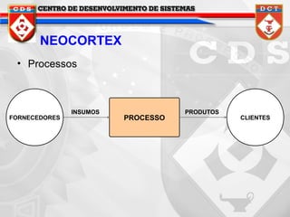 NEOCORTEX
• Processos

FORNECEDORES

INSUMOS

PROCESSO

PRODUTOS

CLIENTES

 