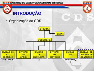 INTRODUÇÃO
• Organização do CDS
CHEFIA
EMP
SUBCHEFE

DIVISÃO DE
PLJ.
COORD. E
CONTROLE

DIVISÃO
DE
APOIO

DIVISÃO
DE
ENGENHARI
A

DIVISÃO
DE
SISTEMAS

DIVISÃO
DE
SEGURANÇ
A

DIVISÃO DE
COMANDO E
CONTROLE

 