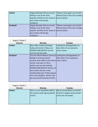 Twitter Happy Monday! Did you know?
Hiking is one of the most
popular activites to do. Strap on
your boots and lets get
outdoors!
"Nature never goes out of style"
(Photo) (Last of the July Tuesday
picture posts)
Facebook Happy Monday! Did you know?
Hiking is one of the most
popular activites to do. Strap on
your boots and lets get
outdoors!
"Nature never goes out of style"
(Photo) (Last of the July Tuesday
picture posts)
August / Week 2
Channel Monday Tuesday
Twitter Best selfie contest will begin
today and end on Friday, use
#FWNATURECONTEST winner
announced Saturday!
Looking for photographers to
take shots of our awesome
scenic views!
Facebook The Fort Worth Nature Center &
Refuge is hosting a photo
contest, best selfie at the nature
center must post on FB or
twitter and use the hashtag
#FWNATURECONTEST Winner of
the contest will win a free
membership pass! Friday August
7th is the Deadline. Winner will
be announced Saturday the 8th
Looking for photographers to
take shots of our awesome
scenic views!
August / Week 3
Channel Monday Tuesday
Twitter Here is a our wonderful staff at
the nature center (group photo
insert)
Did you know Bisons are North
America's largest land animals?
Come see one today!
 