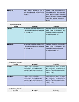 Facebook Here is a our wonderful staff at
the nature center (group photo
insert)
Did you know Bisons are North
America's largest land animals?
Come see one today! The bison
population is fascinating and we
have them here at the nature
center!
August / Week 4
Channel Monday Tuesday
Twitter Fun Fact: Bison can weigh up to
2400 lbs with females reaching
900-1200 lbs
We have plenty of wildlife here
at the FWNC&R, come out take
some photos and put those
smartphones to USE!
Facebook Fun Fact: Bison can weigh up to
2400 lbs with females reaching
900-1200 lbs
We have plenty of wildlife here
at the FWNC&R, come out take
some photos and put those
smartphones to USE!
September / Week 1
Channel Monday Tuesday
Twitter Tell us about a horrific
experience you've had with
nature! #troubleswithnature
Here's a review about us in the
Star-Telegram ( pitch a story to
the star-telgram and have link
posting here)
Facebook Tell us about a horrific
experience you've had with
nature! #troubleswithnature
Here's a review about us in the
Star-Telegram ( pitch a story to
the star-telgram and have link
posting here)
September / Week 2
Channel Monday Tuesday
 