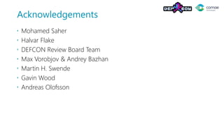 Acknowledgements
 Mohamed Saher
 Halvar Flake
 DEFCON Review Board Team
 Max Vorobjov & Andrey Bazhan
 Martin H. Swende
 Gavin Wood
 Andreas Olofsson
 