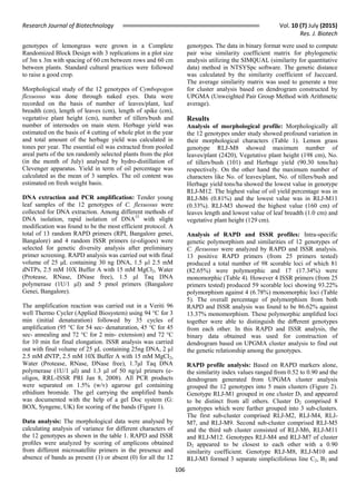 Research Journal of Biotechnology Vol. 10 (7) July (2015)
Res. J. Biotech
106
genotypes of lemongrass were grown in a Complete
Randomized Block Design with 3 replications in a plot size
of 3m x 3m with spacing of 60 cm between rows and 60 cm
between plants. Standard cultural practices were followed
to raise a good crop.
Morphological study of the 12 genotypes of Cymbopogon
flexuosus was done through naked eyes. Data were
recorded on the basis of number of leaves/plant, leaf
breadth (cm), length of leaves (cm), length of spike (cm),
vegetative plant height (cm), number of tillers/bush and
number of internodes on main stem. Herbage yield was
estimated on the basis of 4 cutting of whole plot in the year
and total amount of the herbage yield was calculated in
tones per year. The essential oil was extracted from pooled
areal parts of the ten randomly selected plants from the plot
(in the month of July) analysed by hydro-distillation of
Clevenger apparatus. Yield in term of oil percentage was
calculated as the mean of 3 samples. The oil content was
estimated on fresh weight basis.
DNA extraction and PCR amplification: Tender young
leaf samples of the 12 genotypes of C. flexuosus were
collected for DNA extraction. Among different methods of
DNA isolation, rapid isolation of DNA15
with slight
modification was found to be the most efficient protocol. A
total of 13 random RAPD primers (RPI, Bangalore genei,
Bangalore) and 4 random ISSR primers (e-oligoes) were
selected for genetic diversity analysis after preliminary
primer screening. RAPD analysis was carried out with final
volume of 25 μL containing 30 ng DNA, 1.5 µl 2.5 mM
dNTPs, 2.5 mM 10X Buffer A with 15 mM MgCl2, Water
(Protease, RNase, DNase free), 1.5 μl Taq DNA
polymerase (1U/1 μl) and 5 pmol primers (Bangalore
Genei, Bangalore).
The amplification reaction was carried out in a Veriti 96
well Thermo Cycler (Applied Biosystem) using 94 °C for 3
min (initial denaturation) followed by 35 cycles of
amplification (95 °C for 54 sec- denaturation, 45 °C for 45
sec- annealing and 72 °C for 2 min- extension) and 72 °C
for 10 min for final elongation. ISSR analysis was carried
out with final volume of 25 μL containing 25ng DNA, 2 µl
2.5 mM dNTP, 2.5 mM 10X Buffer A with 15 mM MgCl2,
Water (Protease, RNase, DNase free), 1.7μl Taq DNA
polymerase (1U/1 μl) and 1.3 μl of 50 ng/μl primers (e-
oligos, RRL-ISSR PRI Jan 8, 2008). All PCR products
were separated on 1.5% (w/v) agarose gel containing
ethidium bromide. The gel carrying the amplified bands
was documented with the help of a gel Doc system (G:
BOX, Syngene, UK) for scoring of the bands (Figure 1).
Data analysis: The morphological data were analysed by
calculating analysis of variance for different characters of
the 12 genotypes as shown in the table 1. RAPD and ISSR
proﬁles were analyzed by scoring of amplicons obtained
from different microsatellite primers in the presence and
absence of bands as present (1) or absent (0) for all the 12
genotypes. The data in binary format were used to compute
pair wise similarity coefficient matrix for phylogenetic
analysis utilizing the SIMQUAL (similarity for quantitative
data) method in NTSYSpc software. The genetic distance
was calculated by the similarity coefficient of Jacccard.
The average similarity matrix was used to generate a tree
for cluster analysis based on dendrogram constructed by
UPGMA (Unweighted Pair Group Method with Arithmetic
average).
Results
Analysis of morphological profile: Morphologically all
the 12 genotypes under study showed profound variation in
their morphological characters (Table 1). Lemon grass
genotype RLJ-M8 showed maximum number of
leaves/plant (2420), Vegetative plant height (198 cm), No.
of tillers/bush (101) and Herbage yield (90.30 tons/ha)
respectively. On the other hand the maximum number of
characters like No. of leaves/plant, No. of tillers/bush and
Herbage yield tons/ha showed the lowest value in genotype
RLJ-M12. The highest value of oil yield percentage was in
RLJ-M6 (0.81%) and the lowest value was in RLJ-M11
(0.33%). RLJ-M3 showed the highest value (160 cm) of
leaves length and lowest value of leaf breadth (1.0 cm) and
vegetative plant height (129 cm).
Analysis of RAPD and ISSR profiles: Intra-specific
genetic polymorphism and similarities of 12 genotypes of
C. flexuosus were analyzed by RAPD and ISSR analysis.
13 positive RAPD primers (from 25 primers tested)
produced a total number of 98 scorable loci of which 81
(82.65%) were polymorphic and 17 (17.34%) were
monomorphic (Table 4). However 4 ISSR primers (from 25
primers tested) produced 59 scorable loci showing 93.22%
polymorphism against 4 (6.78%) monomorphic loci (Table
5). The overall percentage of polymorphism from both
RAPD and ISSR analysis was found to be 86.62% against
13.37% monomorphism. These polymorphic ampliﬁed loci
together were able to distinguish the diﬀerent genotypes
from each other. In this RAPD and ISSR analysis, the
binary data obtained was used for construction of
dendrogram based on UPGMA cluster analysis to find out
the genetic relationship among the genotypes.
RAPD profile analysis: Based on RAPD markers alone,
the similarity index values ranged from 0.52 to 0.90 and the
dendrogram generated from UPGMA cluster analysis
grouped the 12 genotypes into 5 main clusters (Figure 2).
Genotype RLJ-M1 grouped in one cluster D1 and appeared
to be distinct from all others. Cluster D2 comprised 8
genotypes which were further grouped into 3 sub-clusters.
The first sub-cluster comprised RLJ-M2, RLJ-M4, RLJ-
M7, and RLJ-M9. Second sub-cluster comprised RLJ-M5
and the third sub cluster consisted of RLJ-M6, RLJ-M11
and RLJ-M12. Genotypes RLJ-M4 and RLJ-M7 of cluster
D2 appeared to be closest to each other with a 0.90
similarity coefficient. Genotype RLJ-M8, RLJ-M10 and
RLJ-M3 formed 3 separate simplicifolious line C2, B2 and
 