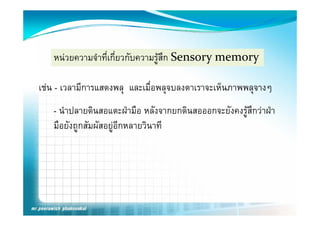 หนวยความจําที่เกี่ยวกับความรููสึก Sensory memory
                                             y      y

เชน เวลามการแสดงพลุ และเมื่อพลจบลงตาเราจะเห็นภาพพลจางๆ
เชน - เวลามีการแสดงพล และเมอพลุจบลงตาเราจะเหนภาพพลุจางๆ
   - นําปลายดินสอแตะฝามือ หลงจากยกดนสอออกจะยงคงรูสกวาฝา
     นาปลายดนสอแตะฝามอ หลังจากยกดินสอออกจะยังคงร ึกวาฝา
   มือยังถูกสัมผัสอยูอีกหลายวินาที
 