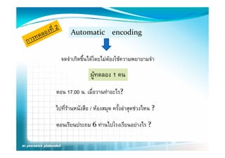 Automatic    encoding


  จดจําเกิดขึ้นไดโดยไมตองใชความพยายามจํา
                         

                ผูทดลอง 1 คน
                   ู

ตอน 17.00 น. เมื่อวานทําอะไร?

ไปที่รานหนังสือ / หองสมุด ครั้งลาสุดชวงไหน ?

ตอนเรียนประถม 6 ทานไปโรงเรียนอยางไร ?
 