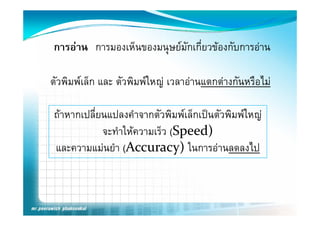การอาน การมองเห็นของมนุษยมักเกี่ยวของกับการอาน

ตัวพิมพเล็ก และ ตัวพิมพใหญ เวลาอานแตกตางกันหรือไม
                           ญ

ถาหากเปลยนแปลงคาจากตวพมพเลกเปนตวพมพใหญ
ถาหากเปลี่ยนแปลงคําจากตัวพิมพเล็กเปนตัวพิมพใหญ
            จะทําใหความเร็ว (Speed) 
และความแมนยํา (Accuracy) ในการอานลดลงไป
 
