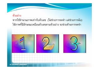 ตัวอยาง
หากใชจํานวนภาพเทากับตัวเลข (ไมชวยการจดจํํา แตชวยการนัับ)
    ใ                  ั ั      ไ 
ใชภาพที่มีลักษณะเหมือนตัวเลขตามตัวอยาง จะชวยดานการจดจํา
 