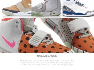 TRENDING SHOE DESIGN
My target market is younger Floor Installers that enjoy the current trends. I think
subtle installation of current sneaker trends into the classic boot could create a
new look without ruining the confidence our user has in the classic boot design.
 