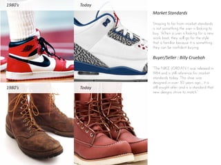 Market Standards
Straying to far from market standards
is not something the user is looking to
buy. When a user is looking for a new
work boot, they will go for the style
that is familiar because it is something
they can be confident buying.
Buyer/Seller : Billy Cruebah
“The NIKE JORDAN 1 was released in
1984 and is still reference for market
standards today. This shoe was
designed in over 30 years ago , it is
still sought after and is a standard that
new designs strive to match.”
Today
Today
1980’s
1980’s
 