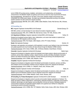 Janet Grace
Application and Integration Architect ~ Developer ~ Technical Lead
Annandale, VA 571.243.3007 JanetGrace01@gmail.com
and its CORBA API providing training, installation, administrative, and troubleshooting, and developing
enhancements to the MetaSolv Adapter and gateway event servers to solve the unique requirements and issues.
Key Accomplishments: eliminated the at ‘risk status’ of the project, MetaSolv Adapter enhancements were
incorporated into an IBM product release, the project was successfully implemented according to the updated
baseline schedule, the client continued to request consulting.
Technical Environment: IBM WBI, JAVA, JDBC, CORBA, Siebel, MetaSolv, Oracle, Web Services, XML, Windows,
UNIX.
JR Consulting, Inc.
MCI, Integration Application Architect/WBI & JAVA Developer Colorado Springs, CO
WBI SME, architect, and lead developer for seven telecommunications integration projects..
Technical Environment: WBI, JAVA, CORBA, MQ, Web Services, Oracle, TCP, XML, Windows, UNIX.
U.S. Department of Defense, Integration Application Architect/WBI & JAVA Developer Fairfax, VA
Designed and developed business objects, maps, collaborations, and custom data handlers to implement and
demonstrate two WBI integration proofs-of-concept.
Technical Environment: WBI (JText Adapter, JDBC Adapter), JAVA, FTP, Oracle, Windows.
Nextel, Web Application Developer Herndon, VA
Developed a web application and prototyped a JAVA application to provide a user interface to view circuit information
and update equipment and circuit inventory with data retrieved through the MetaSolv CORBA interface.
Technical Environment: JAVA, Oracle, CORBA, J2EE, JAVAScript, MetaSolv, DreamWeaver, Windows.
Comunitel, Integration Application Architect/JAVA Developer Madrid, Spain
Designed and developed an integration solution that integrated seven legacy systems, allowing synchronization of
customers, service orders, telephone numbers, network inventory, services, and billing. Developed a framework
based on the design and several of the interfaces. Provided mentoring and training to the development team.
Technical Environment: JAVA, CORBA, J2EE, MetaSolv, Oracle.
Completel, Integration Application Architect/JAVA Developer Paris, France
Designed and developed an integration solution that allowed synchronization of customers, services, and billing
items between source and destination interfaces using an integration product that I designed and developed.
Technical Environment: JAVA, CORBA, C++, MetaSolv, Oracle, Arbor, Windows, UNIX.
Radianz, Integration Application Architect /JAVA Developer Nutley, NJ
Designed and developed an integration solution that allowed synchronization of customers, orders, and circuits
between source and destination interfaces using an integration product that I designed and developed.
Technical Environment: JAVA, CORBA, MetaSolv, Clarify, Oracle, Windows, UNIX.
JR Consulting, Inc. Product Development, Application Architect/JAVA & J2EE Developer Annandale, VA
Designed and developed an integration product to provide communication between applications or hardware. The
design was based on platform independence, multi-threading, distributed architecture, configurable communications
transports, data storage, and data mapping, auto-reconfiguration, fail over and recovery. Developed adapters for
communications transports and application-specific adapters and a graphical user interface for configuration,
monitoring and control of all product components.
Technical Environment: JAVA, CORBA, RMI, TCP, MetaSolv, Clarify, Oracle, Access, J2EE, Arbor, Windows, UNIX.
 