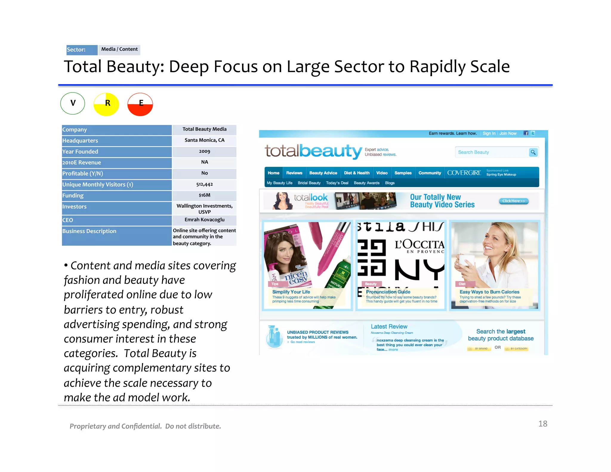 Sector:	
           Media	
  /	
  Content	
  


Total	
  Beauty:	
  Deep	
  Focus	
  on	
  Large	
  Sector	
  to	
  Rapidly	
  Scale	
  	
  	
  	
  
    V                    R                    E

Company	
                                                Total	
  Beauty	
  Media	
  

Headquarters	
                                            Santa	
  Monica,	
  CA	
  

Year	
  Founded	
                                                  2009	
  

2010E	
  Revenue	
                                                  NA	
  

Proﬁtable	
  (Y/N)	
                                                No	
  

Unique	
  Monthly	
  Visitors	
  (1)	
                           512,442	
  

Funding	
                                                          $16M	
  

Investors	
                                          Wallington	
  Investments,	
  
                                                              USVP	
  
CEO	
                                                  Emrah	
  Kovacoglu	
  

Business	
  Description	
                          Online	
  site	
  oﬀering	
  content	
  
                                                   and	
  community	
  in	
  the	
  
                                                   beauty	
  category.	
  



• 	
  Content	
  and	
  media	
  sites	
  covering	
  
fashion	
  and	
  beauty	
  have	
  
proliferated	
  online	
  due	
  to	
  low	
  
barriers	
  to	
  entry,	
  robust	
  
advertising	
  spending,	
  and	
  strong	
  
consumer	
  interest	
  in	
  these	
  
categories.	
  	
  Total	
  Beauty	
  is	
  
acquiring	
  complementary	
  sites	
  to	
  
achieve	
  the	
  scale	
  necessary	
  to	
  
make	
  the	
  ad	
  model	
  work.	
  	
  	
  	
  

    Proprietary	
  and	
  Conﬁdential.	
  	
  Do	
  not	
  distribute.	
                               18	
  
 