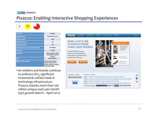 Sector:	
            Infrastructure	
  



Pixazza:	
  Enabling	
  Interactive	
  Shopping	
  Experiences	
  
      V                  R                   E


Company	
                                                              Pixazza	
  

Headquarters	
                                                 Mountain	
  View,	
  CA	
  

Year	
  Founded	
                                                       2008	
  

2010E	
  Revenue	
                                                        NA	
  

Proﬁtable	
  (Y/N)	
                                                      NA	
  

Unique	
  users	
  per	
  month	
  (April	
  2011)	
                100	
  million	
  

Funding	
                                                              $17.8M	
  

Investors	
                                                 CMEA,	
  August	
  Capital,	
  
                                                             Foundation	
  Cap,	
  Ron	
  
                                                                     Conway	
  
CEO	
                                                           Bob	
  Lisbonne	
  

Business	
  Description	
                                Platform	
  that	
  makes	
  
                                                         photos	
  interactive	
  to	
  
                                                         deliver	
  relevant	
  content	
  
                                                         and	
  enable	
  sales.	
  


• As	
  retailers	
  and	
  brands	
  continue	
  
  to	
  embrace	
  DC2,	
  signiﬁcant	
  
  investments	
  will	
  be	
  made	
  in	
  
  technology	
  infrastructure.	
  	
  
  Pixazza	
  reaches	
  more	
  than	
  100	
  
  million	
  unique	
  users	
  per	
  month	
  
  (45%	
  growth	
  March	
  –	
  April	
  2011)	
  




    Proprietary	
  and	
  Conﬁdential.	
  	
  Do	
  not	
  distribute.	
                      20	
  
 