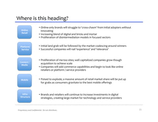 Where	
  is	
  this	
  heading?	
  
                                      •  Online-­‐only	
  brands	
  will	
  struggle	
  to	
  ‘cross-­‐chasm’	
  from	
  initial	
  adopters	
  without	
  
      Online	
                           innovating	
  	
  
      Retail	
  
                                      •  Increasing	
  blend	
  of	
  digital	
  and	
  bricks	
  and	
  mortar	
  
                                      •  Proliferation	
  of	
  disintermediation	
  models	
  in	
  focused	
  sectors	
  


     Platform/	
                      •  Initial	
  land	
  grab	
  will	
  be	
  followed	
  by	
  the	
  market	
  coalescing	
  around	
  winners	
  
      Service	
                       •  Successful	
  companies	
  will	
  nail	
  ‘experience’	
  and	
  ‘relevance’	
  	
  


                                      •  Proliferation	
  of	
  me-­‐too	
  sites;	
  well	
  capitalized	
  companies	
  grow	
  though	
  
    Content	
  /	
  
     Media	
  
                                         acquisition	
  to	
  achieve	
  scale	
  
                                      •  Companies	
  will	
  add	
  commerce	
  capabilities	
  and	
  begin	
  to	
  look	
  like	
  online	
  
                                         retailers	
  or	
  platform	
  /	
  service	
  providers	
  


      Mobile	
                        •  Poised	
  to	
  explode;	
  a	
  massive	
  amount	
  of	
  retail	
  market	
  share	
  will	
  be	
  put	
  up	
  
                                         for	
  grabs	
  as	
  consumers	
  gravitate	
  to	
  the	
  best	
  mobile	
  oﬀerings	
  



       Infra-­‐	
                     •  Brands	
  and	
  retailers	
  will	
  continue	
  to	
  increase	
  investments	
  in	
  digital	
  
     Structure	
                         strategies,	
  creating	
  large	
  market	
  for	
  technology	
  and	
  service	
  providers	
  	
  



 Proprietary	
  and	
  Conﬁdential.	
  	
  Do	
  not	
  distribute.	
                                                                                           21	
  
 