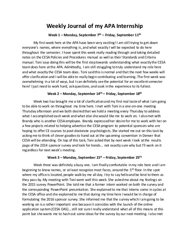Weekly Journal Of My APA Internship Dane Weekly Journal Of My APA Internship Dane