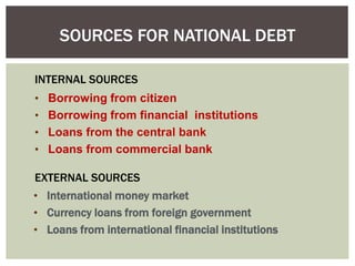 SOURCES FOR NATIONAL DEBT
• Borrowing from citizen
• Borrowing from financial institutions
• Loans from the central bank
•...