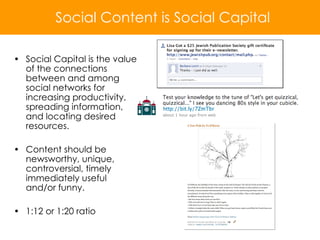 Social Capital is the value of the connections between and among social networks for increasing productivity, spreading information, and locating desired resources. Content should be newsworthy, unique, controversial, timely immediately useful and/or funny. 1:12 or 1:20 ratio Social Content is Social Capital 