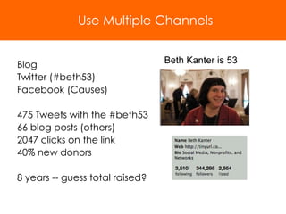 Blog Twitter (#beth53) Facebook (Causes) 475 Tweets with the #beth53 66 blog posts (others) 2047 clicks on the link 40% new donors 8 years -- guess total raised? Use Multiple Channels Beth Kanter is 53 