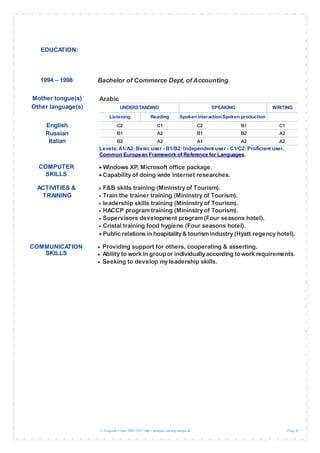 © European Union, 2002-2013 |http://europass.cedefop.europa.eu Page 5 / 5
EDUCATION:
1994 – 1998 Bachelor of Commerce Dept, of Accounting.
Mother tongue(s) Arabic
Other language(s) UNDERSTANDING SPEAKING WRITING
Listening Reading Spokeninteraction Spoken production
English C2 C1 C2 B1 C1
Russian B1 A2 B1 B2 A2
Italian B2 A2 A1 A2 A2
Levels: A1/A2: Basic user - B1/B2: Independent user - C1/C2: Proficient user.
Common European Framework of Reference for Languages.
COMPUTER
SKILLS
 Windows XP, Microsoft office package.
 Capability of doing wide internet researches.
ACTIVITIES &
TRAINING
 F&B skills training (Mininstry of Tourism).
 Train the trainer training (Mininstry of Tourism).
 leadership skills training (Mininstry of Tourism).
 HACCP program training (Mininstry of Tourism).
 Supervisors development program (Four seasons hotel).
 Cristal training food hygiene (Four seasons hotel).
 Public relations in hospitality& tourismindustry (Hyatt regency hotel).
COMMUNICATION
SKILLS
 Providing support for others, cooperating & asserting.
 Ability to work in groupor individuallyaccording towork requirements.
 Seeking to develop my leadership skills.
 