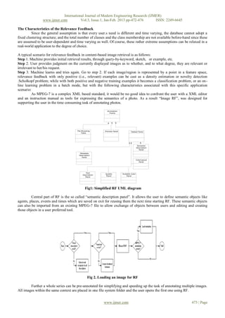 International Journal of Modern Engineering Research (IJMER)
                www.ijmer.com          Vol.3, Issue.1, Jan-Feb. 2013 pp-472-476      ISSN: 2249-6645

The Characteristics of the Relevance Feedback
         Since the general assumption is that every user.s need is different and time varying, the database cannot adopt a
fixed clustering structure; and the total number of classes and the class membership are not available before-hand since these
are assumed to be user-dependent and time varying as well. Of course, these rather extreme assumptions can be relaxed in a
real-world application to the degree of choice.

A typical scenario for relevance feedback in content-based image retrieval is as follows:
Step 1. Machine provides initial retrieval results, through query-by-keyword, sketch, or example, etc.
Step 2. User provides judgment on the currently displayed images as to whether, and to what degree, they are relevant or
irrelevant to her/his request.
Step 3. Machine learns and tries again. Go to step 2. If each image/region is represented by a point in a feature space,
relevance feedback with only positive (i.e., relevant) examples can be cast as a density estimation or novelty detection
.Scholkopf problem; while with both positive and negative training examples it becomes a classification problem, or an on-
line learning problem in a batch mode, but with the following characteristics associated with this specific application
scenario:
         As MPEG-7 is a complex XML based standard, it would be no good idea to confront the user with a XML editor
and an instruction manual as tools for expressing the semantics of a photo. As a result “Image RF”, was designed for
supporting the user in the time consuming task of annotating photos.




                                            Fig1: Simplified RF UML diagram

         Central part of RF is the so called “semantic description panel”. It allows the user to define semantic objects like
agents, places, events and times which are saved on exit for reusing them the next time starting RF. These semantic objects
can also be imported from an existing MPEG-7 file to allow exchange of objects between users and editing and creating
those objects in a user preferred tool.




                                              Fig 2. Loading an image for RF

        Further a whole series can be pre-annotated for simplifying and speeding up the task of annotating multiple images.
All images within the same context are placed in one file system folder and the user opens the first one using RF.


                                                         www.ijmer.com                                             473 | Page
 