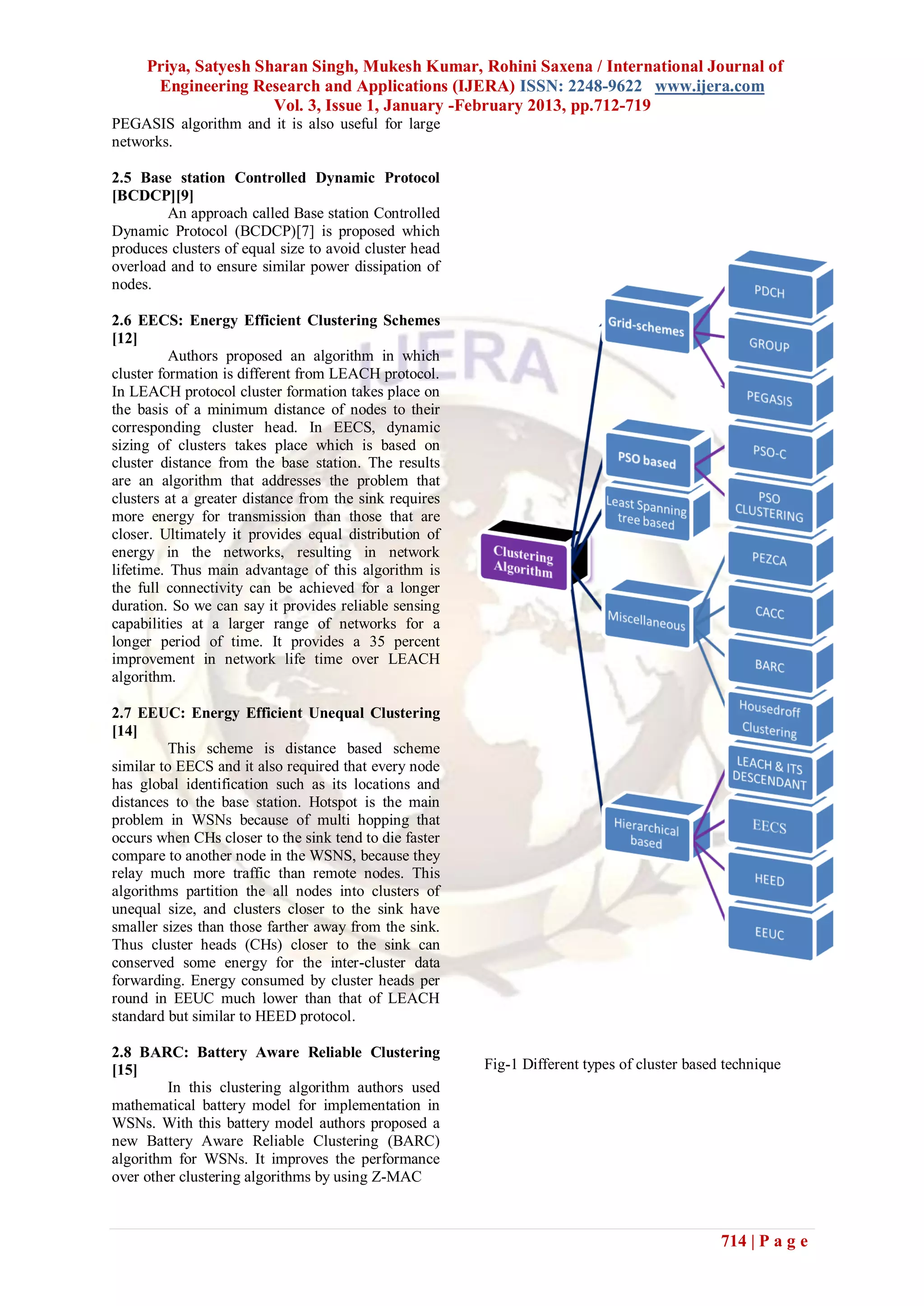 Priya, Satyesh Sharan Singh, Mukesh Kumar, Rohini Saxena / International Journal of
      Engineering Research and Applications (IJERA) ISSN: 2248-9622 www.ijera.com
                      Vol. 3, Issue 1, January -February 2013, pp.712-719
PEGASIS algorithm and it is also useful for large
networks.

2.5 Base station Controlled Dynamic Protocol
[BCDCP][9]
        An approach called Base station Controlled
Dynamic Protocol (BCDCP)[7] is proposed which
produces clusters of equal size to avoid cluster head
overload and to ensure similar power dissipation of
nodes.

2.6 EECS: Energy Efficient Clustering Schemes
[12]
          Authors proposed an algorithm in which
cluster formation is different from LEACH protocol.
In LEACH protocol cluster formation takes place on
the basis of a minimum distance of nodes to their
corresponding cluster head. In EECS, dynamic
sizing of clusters takes place which is based on
cluster distance from the base station. The results
are an algorithm that addresses the problem that
clusters at a greater distance from the sink requires
more energy for transmission than those that are
closer. Ultimately it provides equal distribution of
energy in the networks, resulting in network
lifetime. Thus main advantage of this algorithm is
the full connectivity can be achieved for a longer
duration. So we can say it provides reliable sensing
capabilities at a larger range of networks for a
longer period of time. It provides a 35 percent
improvement in network life time over LEACH
algorithm.

2.7 EEUC: Energy Efficient Unequal Clustering
[14]
         This scheme is distance based scheme
similar to EECS and it also required that every node
has global identification such as its locations and
distances to the base station. Hotspot is the main
problem in WSNs because of multi hopping that
occurs when CHs closer to the sink tend to die faster
compare to another node in the WSNS, because they
relay much more traffic than remote nodes. This
algorithms partition the all nodes into clusters of
unequal size, and clusters closer to the sink have
smaller sizes than those farther away from the sink.
Thus cluster heads (CHs) closer to the sink can
conserved some energy for the inter-cluster data
forwarding. Energy consumed by cluster heads per
round in EEUC much lower than that of LEACH
standard but similar to HEED protocol.

2.8 BARC: Battery Aware Reliable Clustering
[15]                                                    Fig-1 Different types of cluster based technique
         In this clustering algorithm authors used
mathematical battery model for implementation in
WSNs. With this battery model authors proposed a
new Battery Aware Reliable Clustering (BARC)
algorithm for WSNs. It improves the performance
over other clustering algorithms by using Z-MAC



                                                                                              714 | P a g e
 