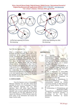 Priya, Satyesh Sharan Singh, Mukesh Kumar, Rohini Saxena / International Journal of
      Engineering Research and Applications (IJERA) ISSN: 2248-9622 www.ijera.com
                      Vol. 3, Issue 1, January -February 2013, pp.712-719


                         Sink                                  Sink




 (a)The least spanning tree before                         (b)The least spanning tree after
 Re-clustering                                             Re-clustering



Fig-2 The least Spanning Tree

When a cluster-head’s energy is lower than              REFERENCES
threshold, then first renewably select a node as new
cluster-head in the cluster, second renewably            [1]     I.F.     Akyildiz,     W.      Su,       Y.
execute constructing least spanning tree algorithm,              Sankarasubramaniam,(2000)                E.
so a new constructing least spanning tree has                    Cayirci,Wireless sensor networks: a
constructed, all sensing information can be send to              survey, Computer Networks 38 393–422.J.
Sink along the new least spanning tree, this                     Clerk Maxwell, A Treatise on Electricity
algorithm can efficient shorten path and prolong                 and Magnetism, 3rd ed., vol. 2. Oxford:
network lifetime. As illustrated in Fig.1. Fig.1(a)              Clarendon, 1892, pp.68–73.
show the initial least spanning tree, after some time    [2]     M. Ilyas, I. Mahgoub,(2000) Handbook of
,if the power of C1’s cluster head is lower threshold            Sensor Networks:Compact Wireless and
,nodes in C1 will execute re-clustering to choose a              Wired Sensing Systems, CRC Press,New
new cluster-head, this time system will execute                  York .
constructing least spanning tree algorithm, and make     [3]     W. Ye, J. Heidemann, D. Estrin,(2000)
a new least spanning tree as Fig.1(b).we can know                Medium access control with coordinated
the total-path of new least spanning tree is shorter             adaptive sleeping for wireless sensor
than old least spanning tree.                                    networks, IEEE/ACM Transactions on
                                                                 Networking 12 (3) 493–506.
3. CONCLUSION                                            [4]     W.B. Heinzelman, A. Chandrakasan, H.
                                                                 Balakrishnan,(2000)Energy          effcient
         From the literature review of cluster based             communication protocol for wireless
Minimum Spanning Tree and other cluster based                    microsensor networks, in: IEEE Hawaii Int.
algorithm we have a lot of advantages of cluster                 Conf. on System Science, Hawaii, USA,,
based Minimum Spanning Tree over other                           pp. 1–10.
algorithm. Since with cluster based Minimum              [5]     W. R Heinzelman, A. P Chandrakasan, and
Spanning Tree we can add more application of other               H.                   Balakrishnan,(2000),
algorithm such as power gathering and distributed                “Energyefficient communication protocol
least spanning tree. By these applications we can                for wireless microsensor networks,” in
improve the efficiency of WSN and also reduce the                Proceedings of the 33rd Hawaii
power delay of the information and increase the                  International Conference on System
range of sensor nodes.                                           Sciences.




                                                                                             717 | P a g e
 