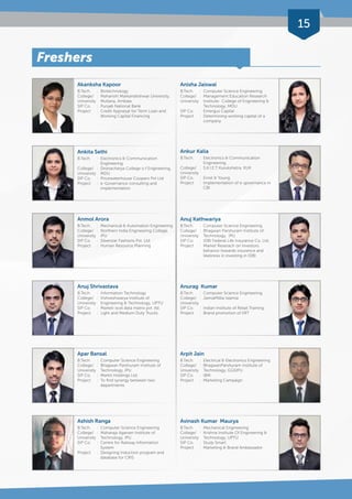 15 
Freshers 
Akanksha Kapoor 
B.Tech. : Biotechnology 
College/ : Maharishi Markandeshwar University, 
University Mullana, Ambala 
SIP Co. : Punjab National Bank 
Project : Credit Appraisal for Term Loan and 
Working Capital Financing 
Ankita Sethi 
B.Tech. : Electronics & Communication 
Engineering 
College/ : Dronacharya College o f Engineering, 
University MDU 
SIP Co. : Pricewaterhouse Coopers Pvt Ltd 
Project : e-Governance consulting and 
implementation 
Anmol Arora 
B.Tech. : Mechanical & Automation Engineering 
College/ : Northern India Engineering College, 
University IPU 
SIP Co. : Silverstar Fashions Pvt. Ltd. 
Project : Human Resource Planning 
Anuj Shrivastava 
B.Tech. : Information Technology 
College/ : Vishveshwarya Institute of 
University Engineering & Technology, UPTU 
SIP Co. : Market-xcel data matrix pvt. ltd. 
Project : Light and Medium Duty Trucks 
Apar Bansal 
B.Tech. : Computer Science Engineering 
College/ : Bhagwan Parshuram Institute of 
University Technology, IPU 
SIP Co. : Markit Holdings Ltd. 
Project : To find synergy between two 
departments 
Ashish Ranga 
B.Tech. : Computer Science Engineering 
College/ : Maharaja Agarsen Institute of 
University Technology, IPU 
SIP Co. : Centre for Railway Information 
System 
Project : Designing Induction program and 
database for CRIS 
Anisha Jaiswal 
B.Tech. : Computer Science Engineering 
College/ : Management Education Research 
University Institute- College of Engineering & 
Technology, MDU 
SIP Co. : Emergus Capital 
Project : Determining working capital of a 
company 
Ankur Kalia 
B.Tech. : Electronics & Communication 
Engineering 
College/ : S.K.I.E.T Kurukshetra, KUK 
University 
SIP Co. : Ernst & Young 
Project : Implementation of e-governance in 
CBI 
Anuj Kathwariya 
B.Tech. : Computer Science Engineering 
College/ : Bhagwan Parshuram Institute of 
University Technology, IPU 
SIP Co. : IDBI Federal Life Insurance Co. Ltd. 
Project : Market Reserach on Investors 
behavior towards insurance and 
likeliness in investing in IDBI 
Anurag Kumar 
B.Tech. : Computer Science Engineering 
College/ : JamiaMillia Islamia 
University 
SIP Co. : Indian Institute of Retail Training 
Project : Brand promotion of IIRT 
Arpit Jain 
B.Tech. : Electrical & Electronics Engineering 
College/ : BhagwanParshuram Institute of 
University Technology, GGSIPU 
SIP Co. : IBM 
Project : Marketing Campaign 
Avinash Kumar Maurya 
B.Tech. : Mechanical Engineering 
College/ : Krishna Institute Of Engineering & 
University Technology, UPTU 
SIP Co. : Study Smart 
Project : Marketing & Brand Ambassador 
 
