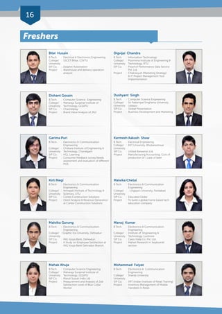 16 
Freshers 
Bilal Husain 
B.Tech. : Electrical & Electronics Engineering 
College/ : SSCET Bhilai, CSVTU 
University 
SIP Co. : Dolphin Automation 
Project : Warehouse and delivery operation 
analysis 
Dishant Gosain 
B.Tech. : Computer Science Engineering 
College/ : Maharaja Surajmal Institute of 
University Technology, GGSIPU 
SIP Co. : Channelplay 
Project : Brand Value Analysis of JNJ 
Garima Puri 
B.Tech. : Electronics & Communication 
Engineering 
College/ : Chitkara Institute of Engineering & 
University Technology, Chandigarh 
SIP Co. : HCL Learning 
Project : Consumer feedback survey,Needs 
assessment and evaluation of different 
POS 
Kirti Negi 
B.Tech. : Electronics & Communication 
Engineering 
College/ : Amrapali Institute of Technology & 
University Sciences, UTU 
SIP Co. : Cortex Construction Solutions 
Project : Client Analysis & Revenue Generation 
at Cortex Construction Solutions 
Malvika Gurung 
B.Tech. : Electronics & Communication 
Engineering 
College/ : Graphic Era University, Dehradun 
University 
SIP Co. : ING Vysya Bank, Dehradun 
Project : A Study on Employee Satisfaction at 
ING Vysya Bank Dehradun Branch 
Mehak Ahuja 
B.Tech. : Computer Science Engineering 
College/ : Maharaja Surajmal Institute of 
University Technology, GGSIPU 
SIP Co. : Maruti Suzuki India Ltd 
Project : Measurement and Analysis of Job 
Satisfaction Level of Blue Collar 
Worker 
Digvijai Chandra 
B.Tech. : Information Technology 
College/ : Poornima Institute of Engineering & 
University Technology, RTU 
SIP Co. : Proof of Performance Data Service 
Pvt. Ltd. 
Project : Chakravyuh (Marketing Strategy) 
& IT Project Management Tool 
Implementation 
Dushyant Singh 
B.Tech. : Computer Science Engineering 
College/ : Sir Padampat Singhania University, 
University Udaipur 
SIP Co. : Global Presentation 
Project : Business Development and Marketing 
Karmesh Aakash Shaw 
B.Tech. : Electrical Engineering 
College/ : KIIT University, Bhubaneshwar 
University 
SIP Co. : United Breweries Ltd. 
Project : Manufacturing Accounting: Cost of 
production of 1 case of beer 
Malvika Chetal 
B.Tech. : Electronics & Communication 
Engineering 
College/ : : Lingaya’s University, Faridabad 
University 
SIP Co. : Educated Globe 
Project : To build a global home based tech 
education company 
Manoj Kumar 
B.Tech. : Electronics & Communication 
Engineering 
College/ : Institute of Engineering & 
University Technology, Lucknow 
SIP Co. : Casio India Co. Pvt. Ltd. 
Project : Market Research in ‘keyboards’ 
section 
Mohammad Faiyaz 
B.Tech. : Electronics & Communication 
Engineering 
College/ : Sharda University 
University 
SIP Co. : IIRT (Indian Institute of Retail Training) 
Project : Inventory Management of Mobile 
Handsets in Retail 
 