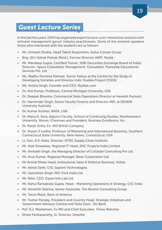 19 
Guest Lecture Series 
In the last five years, DSM has organized expert lecture-cum-interaction sessions with 
eminent management gurus/ industry practitioners. Some of the eminent speakers 
those who interacted with the students are as follows: 
• Mr. Unmesh Shukla, Head Talent Acquisition, Isolux Corsan Group 
• Brig. (Dr.) Ashok Pathak (Retd.), Former Director AIMT, Noida 
• Mr. Mandeep Gupta, Certified Trainer, SEBI (Securities Exchange Board of India) 
Director- Space Consultant, Management Consultant, Transweb Educational 
Services Pvt. Ltd. 
• Ms. Madhu Purnima Kishwar, Senior Fellow at the Centre for the Study of 
Developing Societies and Director Indic Studies Project (CSDS) 
• Ms. Anisha Singh, Founder and CEO, Mydala.com 
• Dr. Anil Kumar, Professor, Central Michigan University, USA 
• Dr. Deepak Bhootra, Commercial Sales Operations Director at Hewlett Packard 
• Dr. Harminder Singh, Senior Faculty Finance and Director-MIF, at DEAKIN 
University Australia 
• Dr. Kumar Krishen, NASA, USA 
• Dr. Manu K. Vora, Adjunct Faculty, School of Continuing Studies, Northwestern 
University, Illinois; Chairman and President, Business Excellence, Inc. 
• Dr. Ranjit Sinha, Ex- MD British Company 
• Dr. Shyam S Lodha, Professor of Marketing and International Business, Southern 
Connecticut State University, New Haven, Connecticut, USA 
• Lt. Gen. D.V. Kalra, Director, DTDC Supply Chain Institute 
• Mr. Alok Srivastava, Regional IT Head, JMC Projects India Limited 
• Mr. Amitabh Singh, the Managing Director of CoGlobe Consulting Pvt Ltd. 
• Mr. Arun Kumar, Regional Manager, Bose Corporation Ltd. 
• Mr Arvind Dheer Head, Institutional Sales & Defence Business, Voltas 
• Mr. Ashok Sethi, CIO, Sapient Technologies 
• Mr. Jasmohan Singh, MD, Frick India Ltd. 
• Mr. Nitin, CEO, Espire Info Lab Ltd. 
• Mr. Rahul Ramabrata Gupta, Head - Marketing Operations & Strategy, CSC India 
• Mr. Shreshth Sharma, Senior Associate, The Boston Consulting Group 
• Mr. Tarun Matai, Bank of America 
• Mr. Tushar Pandey, President and Country Head, Strategic Initiatives and 
Government Advisory Central and State Govt., Yes Bank 
• Pof. R.J. Masilamani, Ex MD and Chief Executive, Timex Watches 
• Shree Parthasarathy, Sr. Director, Deloitte 
 