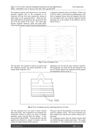 Ogur, E. O et al Int. Journal of Engineering Research and Applications
ISSN : 2248-9622, Vol. 3, Issue 6, Nov-Dec 2013, pp.624-629
The magnetic particle crack detection test was used to
generate magnetic flux in the component to be
examined with the flux lines running the surface at
right angles to the suspected defect. When the flux
lines approached a discontinuity, they strayed out into
the air at the mouth of the crack. The crack edge
became magnetic attractive north and south poles.
These had the power to attract finely divided particles

www.ijera.com

of magnetic materials such as iron filings. If there was
a flaw or defect in the direction perpendicular to the
flow of magnetic fluxes, then, the magnetic flux flow
was interrupted. This was noted by magnetic powder
springing out of the surface of the defective area as
shown in Fig. 3.

Fig. 3: Lines of magnetic flux
The test piece was cleaned to remove oil grease and
dirt. Magnetic powder was spread uniformly on the
surface under inspection. The

equipment was set and test piece placed in position.
The equipment was ready for the test and power was
put on. Powder pattern was inspected and the pattern
was sketched as shown in Fig. 4.

Fig. 4: Flow of magnetic powder indicating presence of cracks
The dye penetrant test was used to detect internal
flaws and cracks. The component to be examined was
chemically cleaned to remove all traces of foreign
materials, grease and dirt from the surface. It was
then heated to about 900ºC. A dye penetrant was then
applied and allowed to remain in contact with the
surface for approximately fifteen minutes.
www.ijera.com

This gave time for the penetrant to be drawn into the
crack by capillary action. The excess penetrant was
then washed away and the test surface coated with a
developer.
The component drawn from the failed extruder shaft
was drilled through to obtain metal chips. The sample
was labeled A. The welded plate (screw) was drilled
626 | P a g e

 